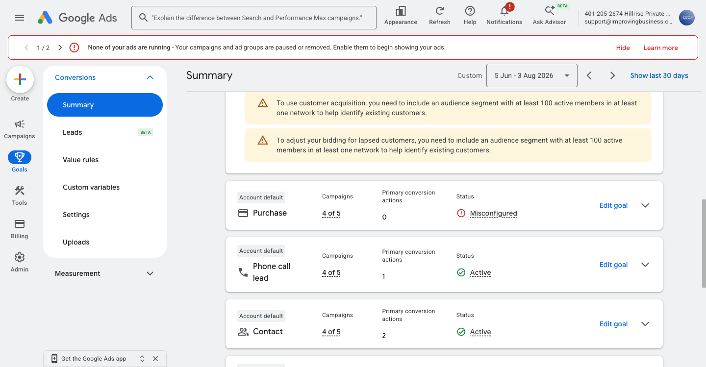 Goal Purchase com status Misconfigured