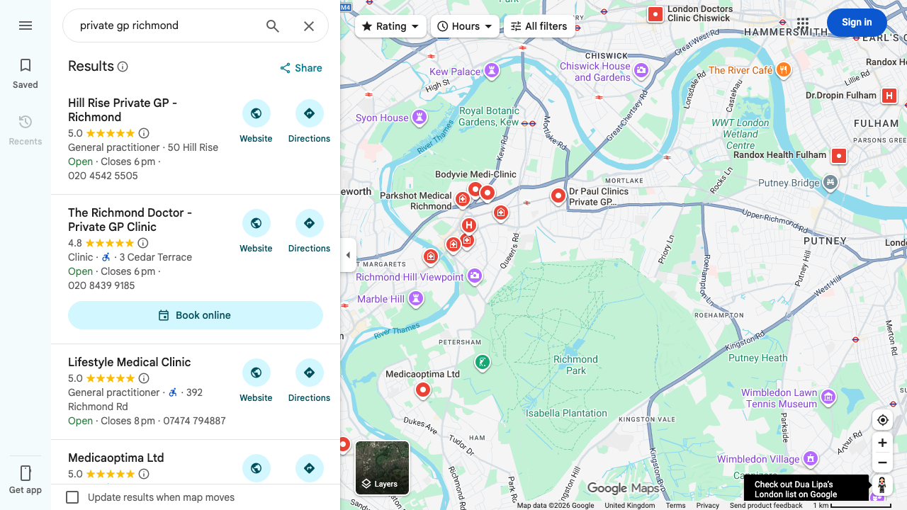 Busca no Google Maps mostrando Hill Rise em primeiro